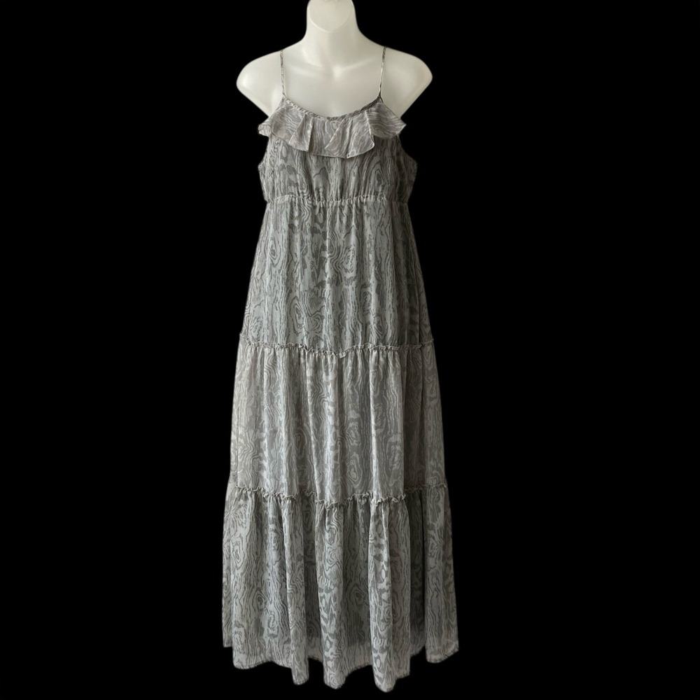 Relativity Boho Long Maxi Tiered Dress Women Size S Gray Woodgrain Print Ruffle